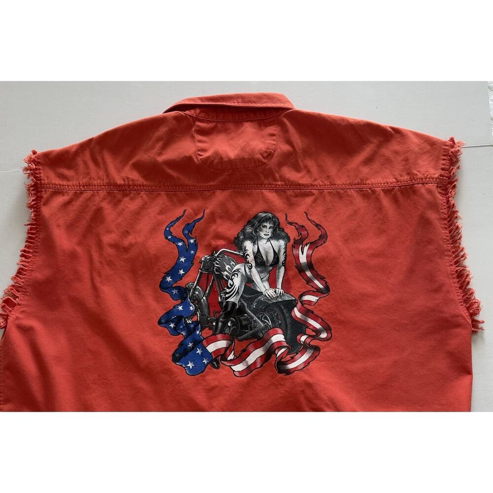 Men's 3XL Biker Motorcycle Pin Up Frayed Cotton Heritage Button up Orange Shirt
